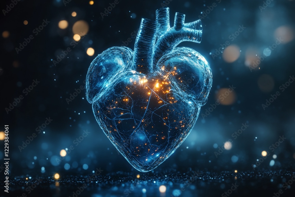 Aufkleber Digital representation of a glowing heart anatomy with intricate details and shimmering lights in a dark setting