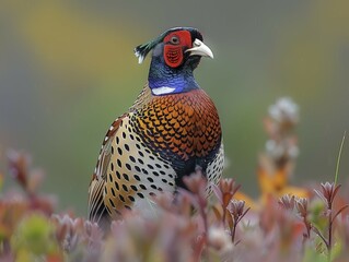 Fototapeta premium A pheasant (Phasianus colchicus) in natural surroundings, AI generated