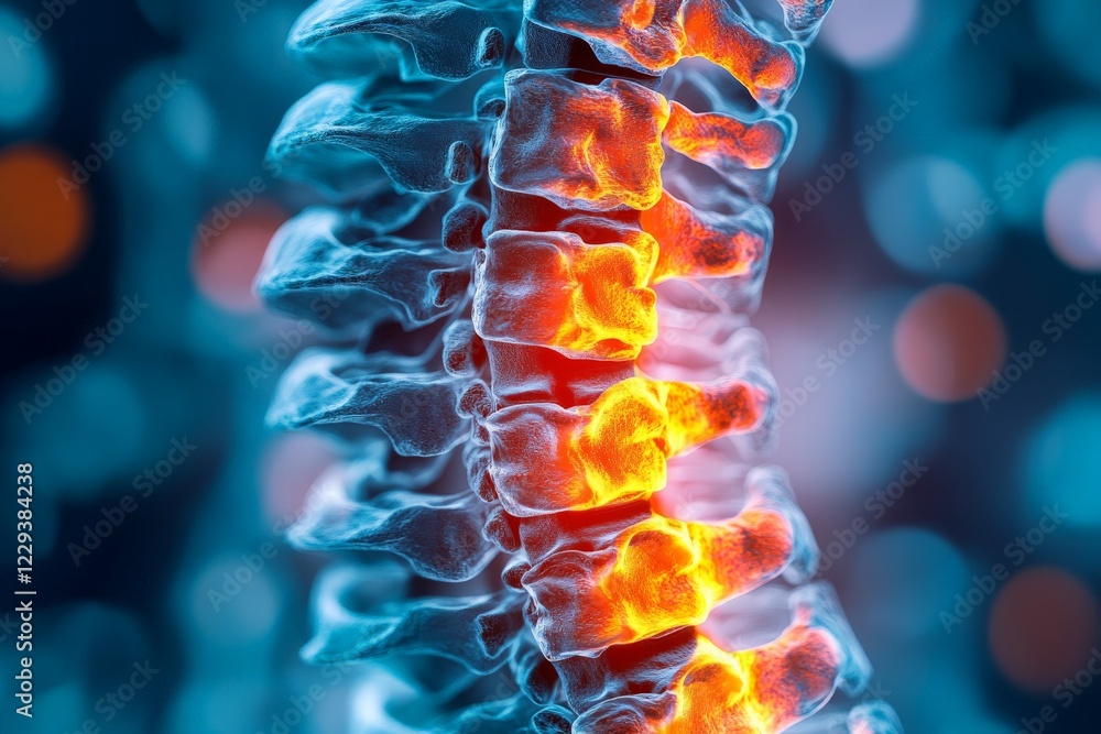 Poster brightly colored spine showing detailed anatomical features and glowing segments indicating potentia