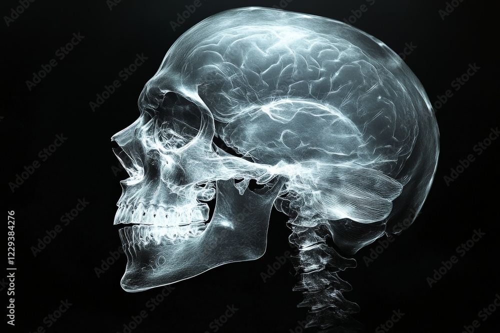 Poster detailed x-ray image of a human skull showing internal structures, captured in a dark setting for cl