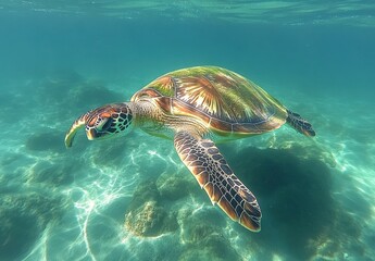 Fototapeta premium Majestic Green Sea Turtle Swimming Gracefully Underwater Among Coral Reefs in Crystal Clear Blue Ocean Water with Sunlight Reflection