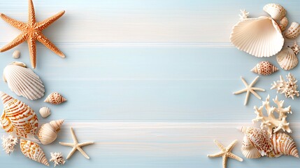 Obraz premium Beach summer marketing campaigns concept. Seashells and starfish arranged on a light blue wooden background, creating a serene coastal vibe perfect for summer themes.