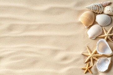 Beach summer marketing campaigns concept. Sand background with assorted seashells and starfish arranged on one side, creating a coastal and summery vibe.