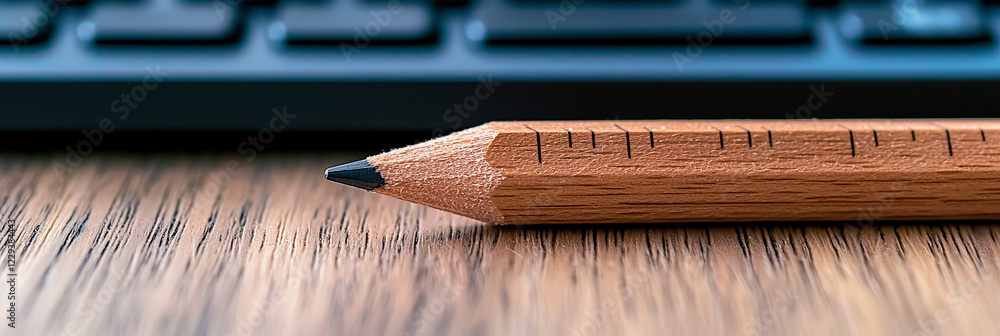 Poster a minimalist photograph of a wooden ruler and a pencil on a desk, representing the basic tools for m