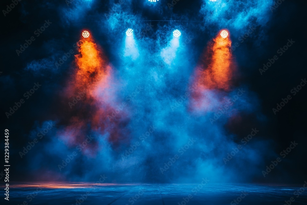 Poster colorful smoke and lights create a dynamic atmosphere for an engaging performance in a darkened venu