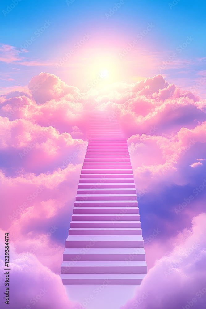 Poster a conceptual image of a rising staircase fading into a bright sky, representing open-ended progress 