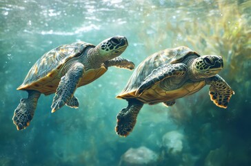 Majestic Green Sea Turtles Gracefully Swimming Through Crystal Clear Ocean Waters Surrounded by Vibrant Underwater Vegetation and Natural Beauty