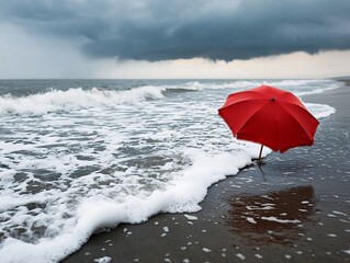 Beach summer marketing campaigns concept. A vibrant red umbrella stands alone on a sandy beach as waves crash, under a dramatic, cloudy sky.