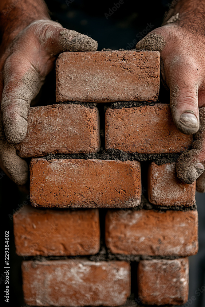 Poster a dynamic close-up of a builderâ€™s hands placing the final bricks on a wall, emphasizing the moment