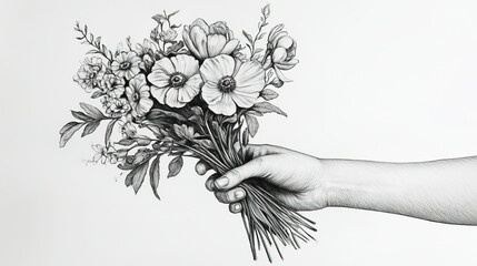 A hand holding a bouquet of flowers, with delicate details in the fingers and the texture of each bloom carefully drawn.