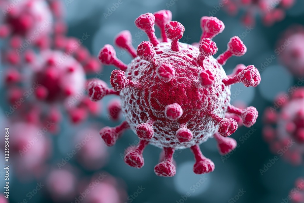 Poster Detailed view of a virus structure highlighting spikes against a blurred background