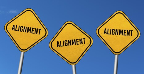 Alignment, yellow signs with blue sky