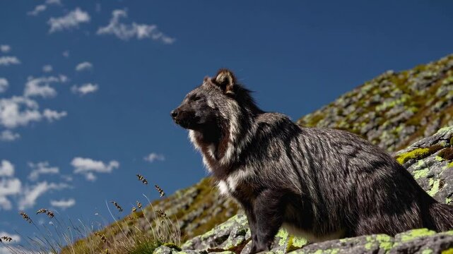 Japanese serow standing on a rocky cliff in brilliant daylight, overlooking a mountainous landscape

