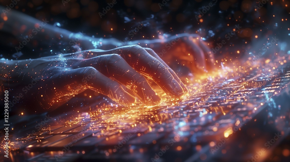 Poster depiction of cybercrime, hacker attacks and darknet. hands on keyboard in dark surroundings. luminou