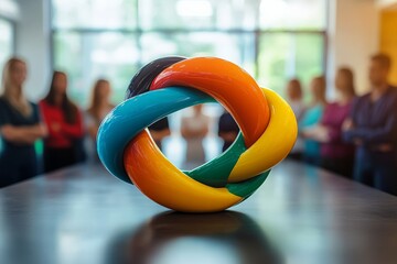 Colorful sculpture displayed at a creative team meeting in a modern office environment