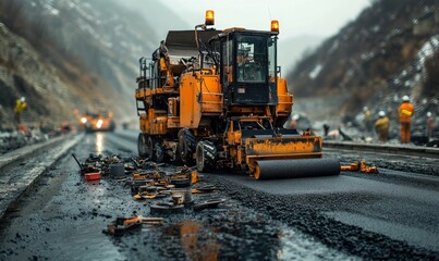 Orange road paver smooths fresh asphalt, mountain backdrop.