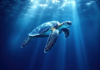 Fototapeta premium Majestic Sea Turtle Gliding Gracefully Through Crystal Clear Blue Ocean Waters Under Bright Sunbeams Creating a Calm and Serene Atmosphere