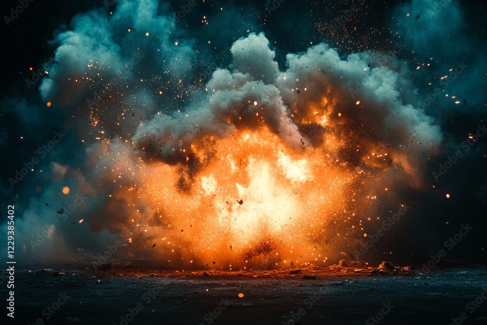 Poster bright explosion emits fire and smoke in a dark environment at night creating a spectacular visual d