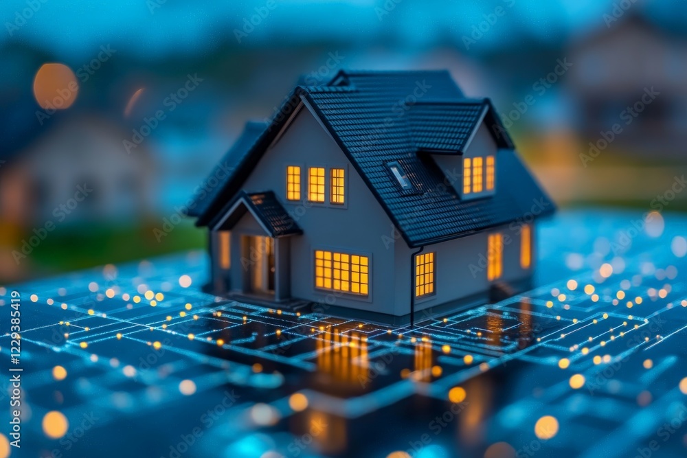Poster Model house illuminated at dusk with glowing circuit pattern representing smart technology and innovation