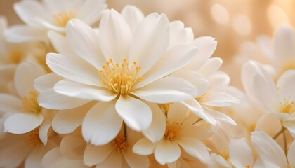 Fototapeta premium Pétalos de flores blancas suaves y delicados con un fondo cálido y brillante