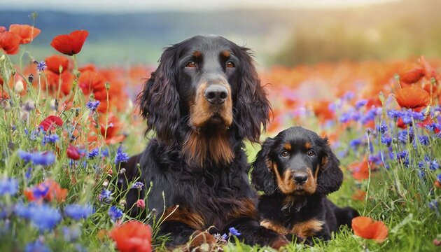 KI generated, animal, animals, mammal, mammals, a, single animal, Gordon Setter, (Canis lupus familiaris), dog, dogs, bitch, hunting dog, dog breed from England, bitch and a puppy