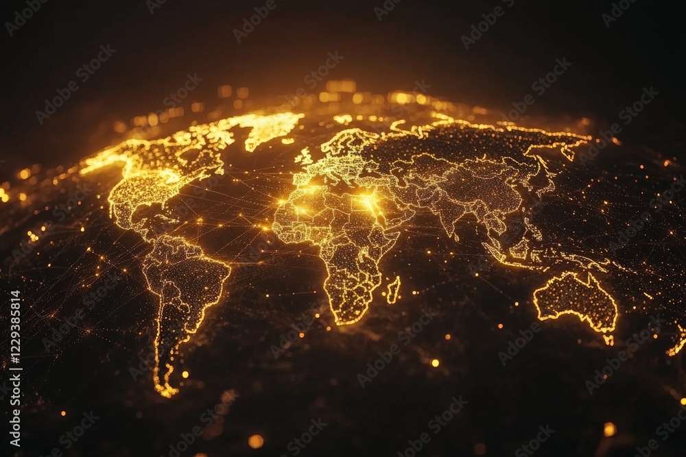 Leinwandbilder visual representation of the world map illuminated with golden light against a dark background highl