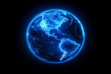 Glowing blue depiction of Earth showcasing lights of cities and natural features in the dark