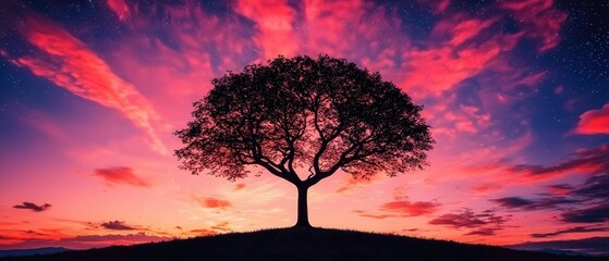 A silhouetted tree stands on a hill under a vibrant sunset sky, showcasing shades of pink and purple with dramatic clouds.