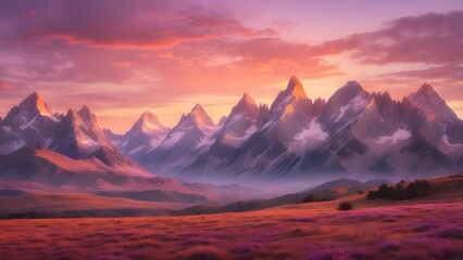 The sky is painted in a breathtaking palette of oranges, pinks, and purples as the sun gently sets behind the ragged mountain peaks. The countryside is given a calm and serene feeling by the warm glow
