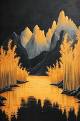 Golden bamboo, dark mountains, serene reflective lake.