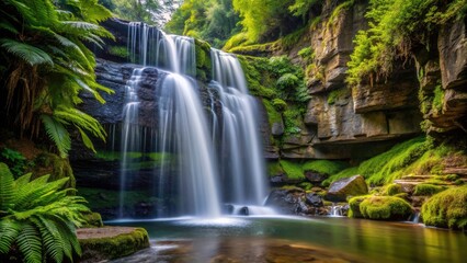 Fototapeta premium Fern-draped Rupit waterfall in Catalonia, Spain; black rocks and a dramatic cascade.