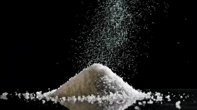 Salt sprinkle. Sea salt is a natural product obtained from evaporating seawater, rich in minerals like potassium and magnesium, used in cooking and cosmetics. Pure, unrefined sea salt concept.