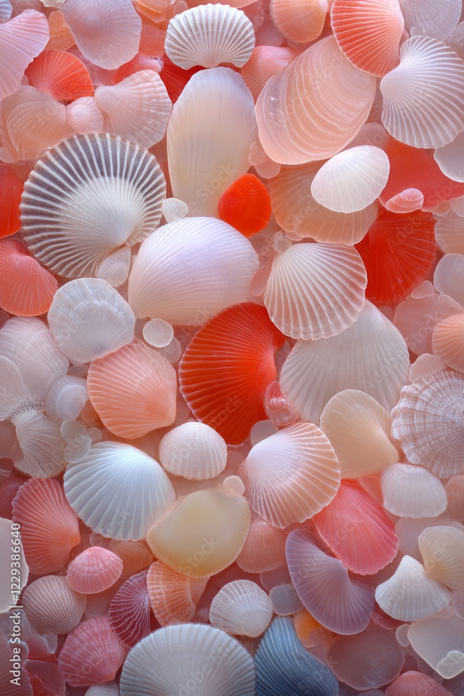 Poster an artistic portrayal of marine shells under a microscope, emphasizing the biomineralization process