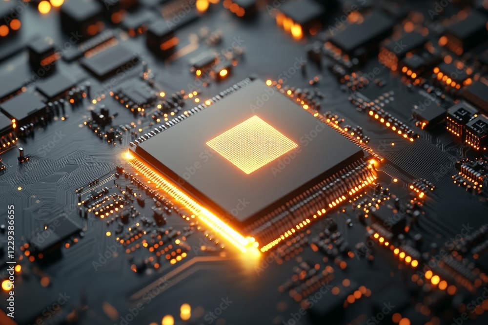 Poster close-up view of a glowing microprocessor on a circuit board showcasing intricate electronic compone