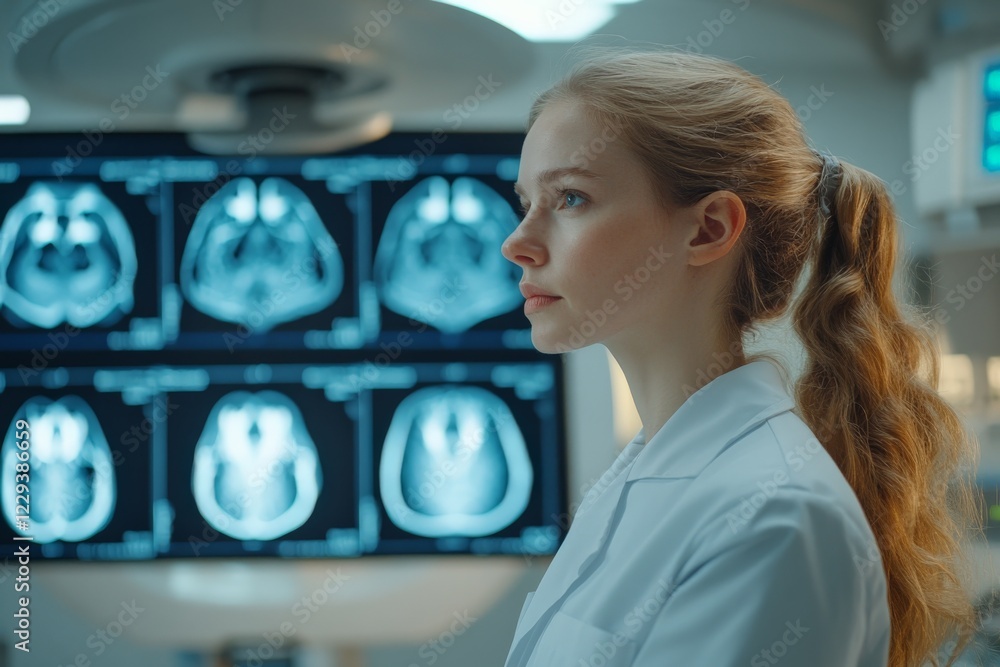 Poster medical professional analyzing brain scans in a modern laboratory setting while focused on patient d