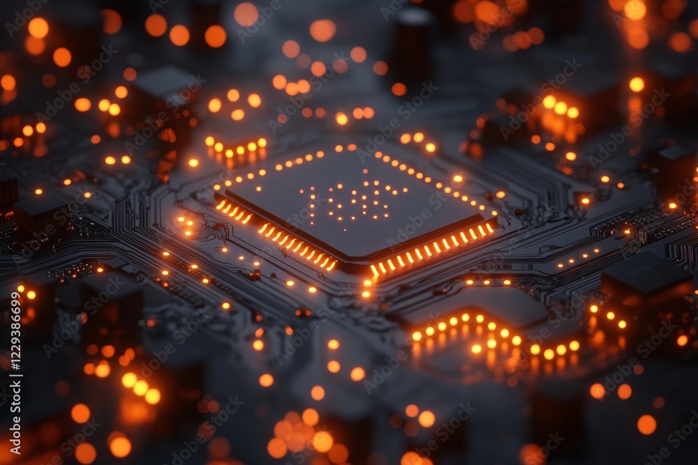 Poster high-tech microprocessor glowing on a silicon circuit board in a dimly lit environment