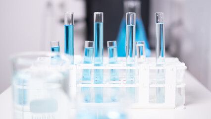 Close-up Laboratory test tube with blue liquid for chemistry chemical medicine research