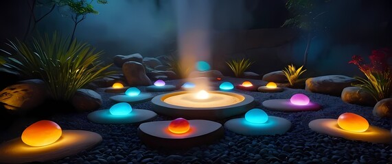 A playful depiction of colorful stones creating harmonious patterns in a zen garden