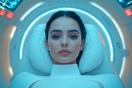 Young woman lying in futuristic medical pod with blue neon lights and advanced technology around her - Powered by Adobe
