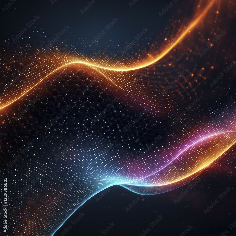 Poster abstract digital art with multicolored light waves and a hexagonal pattern on a dark background, fir