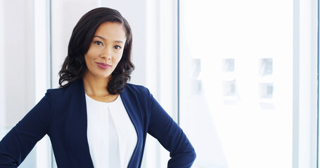 Happy, professional and portrait of businesswoman in office with confidence for legal career....