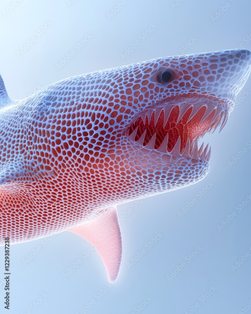 Poster a realistic visualization of a sharkâ€™s skin magnified, revealing the riblet structures that reduce