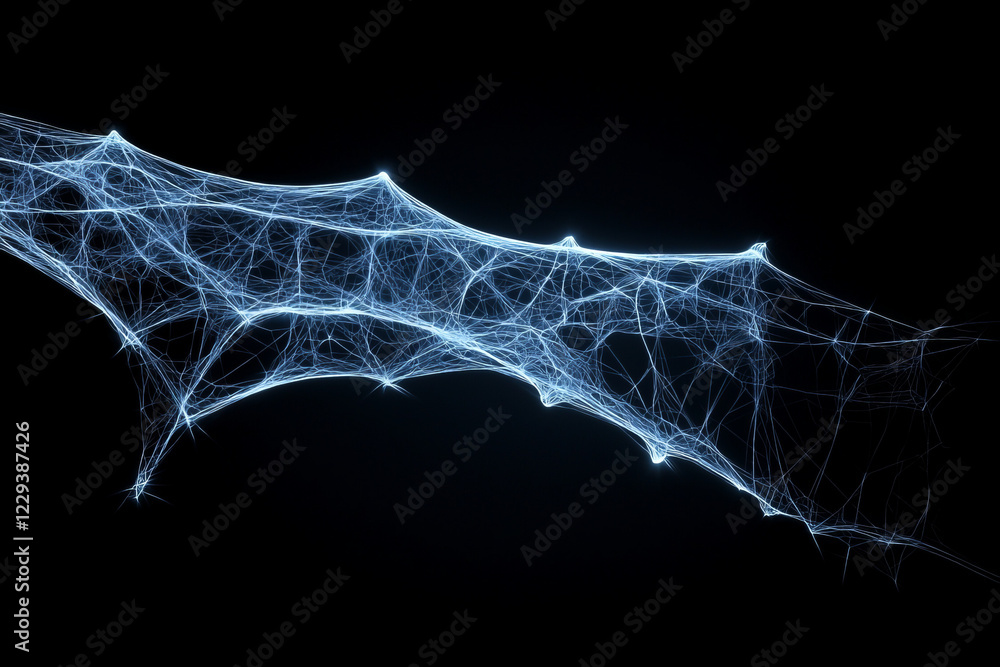 Poster a minimalist digital artwork showing a single thread of spider silk transitioning from macro to nano