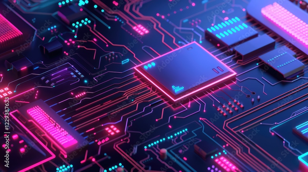 Poster vibrant abstract graphic design showcasing embedded computing technology with a neon color scheme. p