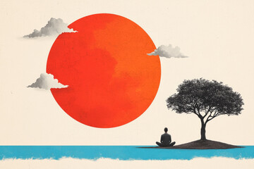 A creative digital collage featuring a student meditating before final exams, illustrating the contrast between external stress and internal serenity,