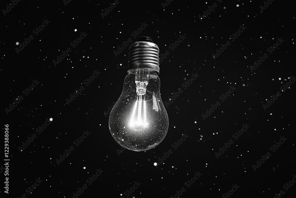 Poster light bulb hangs in dark space surrounded by glowing particles creating a cosmic atmosphere