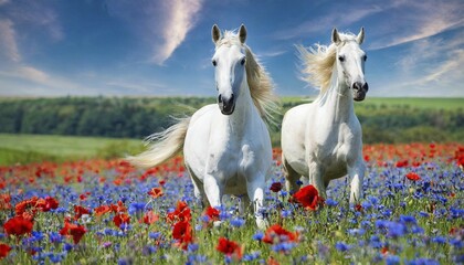 Obraz premium KI generated, A horse, horses, Arabian, in front of a blue sky, thoroughbred Arabian, AV, Arabian thoroughbred, (Eqqus ferus caballus), running in a meadow with colourful flowers