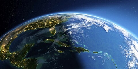Highly detailed Earth with atmosphere, exaggerated relief and light-flooded cities. Transition from night to day. Caribbean islands. 3D rendering. Elements of this image furnished by NASA