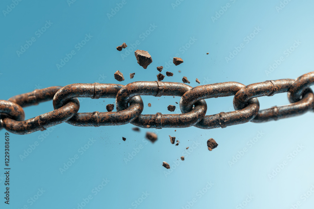 Poster a creative depiction of a rusted iron chain link snapping at its weakest point, representing the une