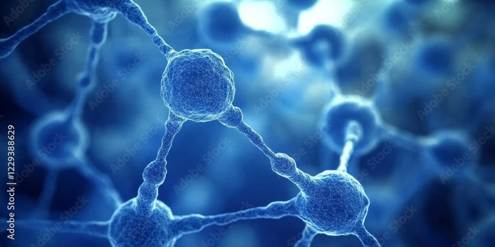 Poster blue interconnected network nodes and lines on a dark background with bokeh, science, technology